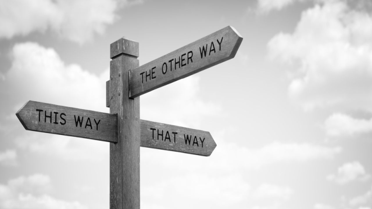 Crossroad signpost saying this way, that way, the other way concept for business decision making