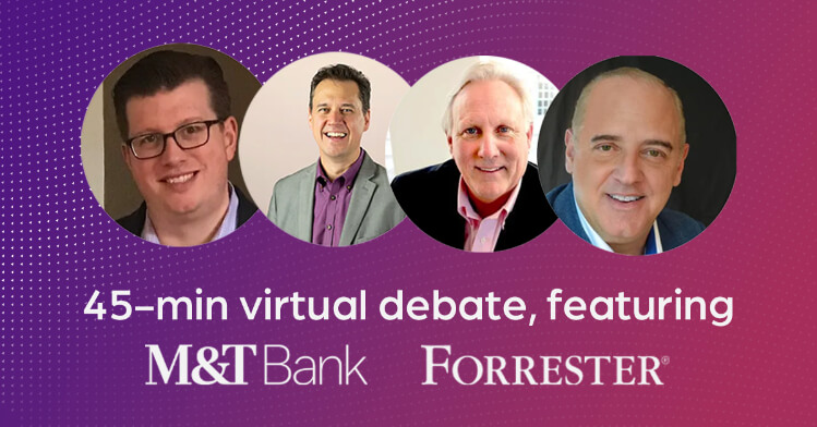 Four faces in circles on a purple background with the text 45-min virtual debate, featuring M&T Bank and Forrester