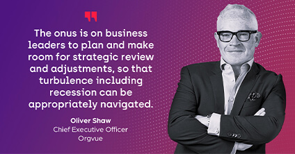 Orgvue CEO Oliver Shaw with a quote that reads 'the onus is on business leaders to plan for these turbulent times via continuous data-driven planning, analysis, scenario modeling and execution.
