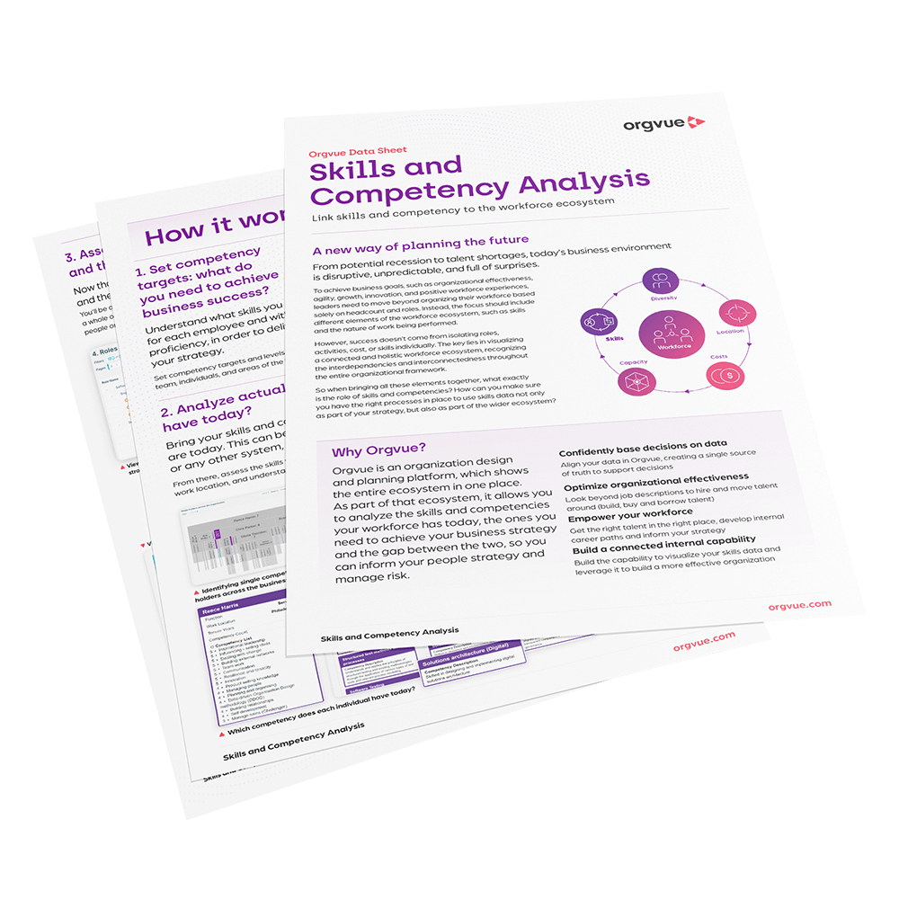 Preview of the Orgvue data sheet titled 'Skills and competency analysis'. By clicking on this image, you will be directed to the full data sheet.