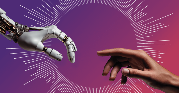 A robot hand, representing AI, reaching out towards a human hand