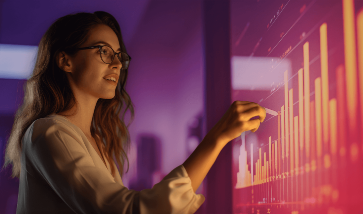 A manager interacting with data on a big screen