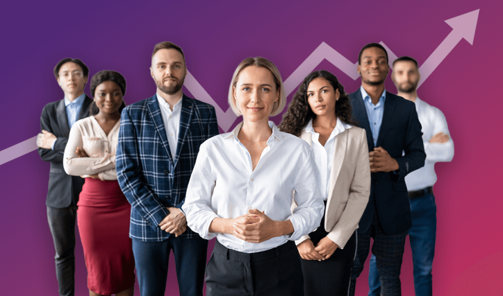 A group of finance and HR professionals standing in front of a data trendline