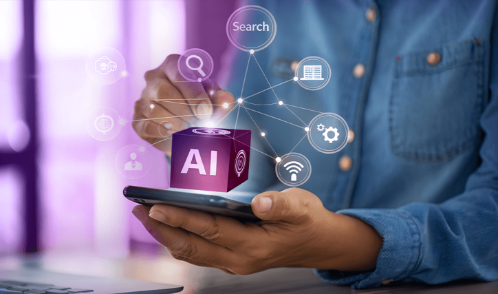 A man interacting with a mobile device - a purple block labeled 'AI' is hovering above the device, alongside various function icons.
