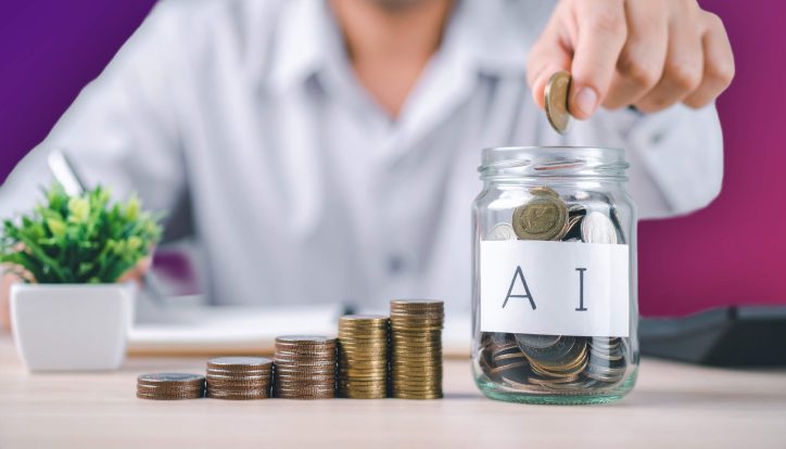 A glass jar labeled "AI" filled with coins, next to rising stacks of coins, with a person dropping a coin into the jar.