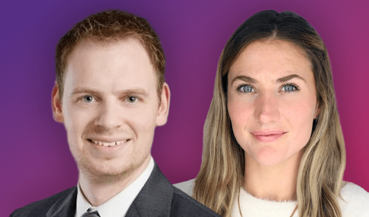 Professional headshot of a man in a suit and a woman in a white top against a purple and pink gradient background.
