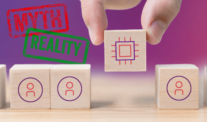 A hand placing a wooden block representing AI between three wooden blocks representing employees. There are stamps marked 'Myth' and 'Fact' in the background.