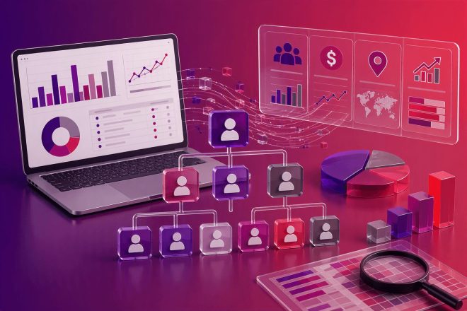 Stylized illustration of an HR analytics platform displaying workforce data dashboards, organizational charts, workforce metrics, and planning tools used to support organizational design and workforce decision-making.