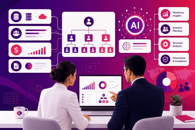 Illustration of HR automation and workforce intelligence showing two professionals reviewing a workforce analytics dashboard, surrounded by connected visualizations representing organizational structures, AI-powered analysis, workforce insights, scenario planning, governance, and compliance. The scene uses Orgvue-inspired branding with a dark purple-to-pink gradient background and white interface panels accented with purple, magenta, and pink data visualizations, highlighting the connection between workforce data, automation, and strategic decision-making.