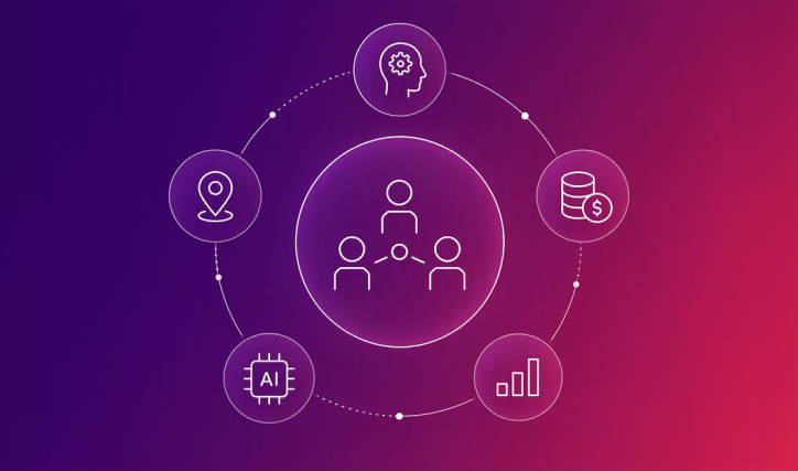 An icon representing workforce planning surrounded by icons for people, finances, analytics, AI, and location