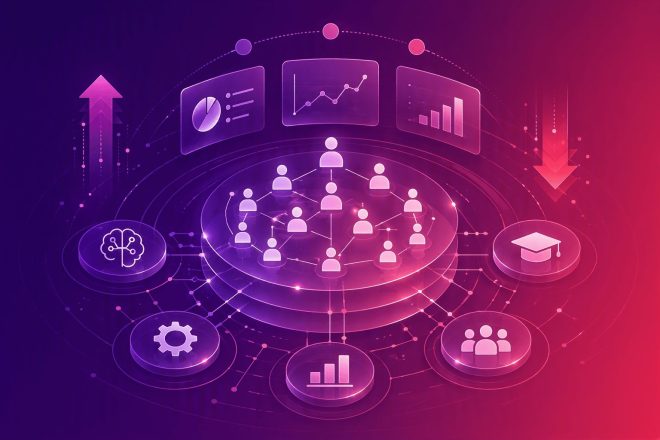 Abstract workforce planning illustration showing a connected workforce network surrounded by scenario modeling rings, AI, skills, analytics, and organizational planning icons. Workforce data visualizations and directional indicators sit on a purple-to-magenta gradient background, representing workforce planning trends, AI transformation, skills development, and strategic decision-making.