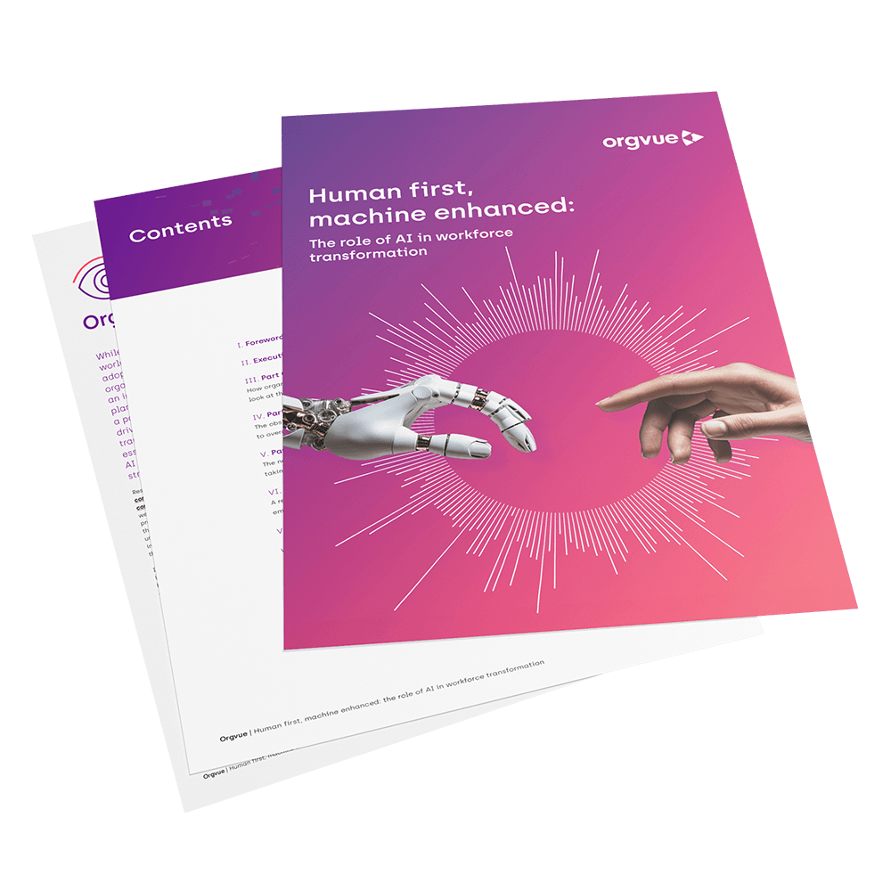 Stacked Orgvue report pages featuring the cover of Human first, machine enhanced: The role of AI in workforce transformation. The cover uses a purple-to-pink gradient background with a white radial graphic and depicts a robotic hand reaching toward a human hand. Additional report pages and a contents page are visible behind the cover.