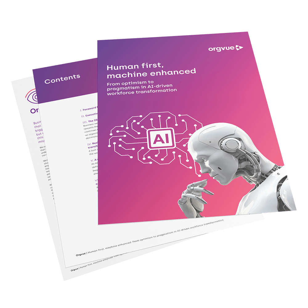 Stacked Orgvue report pages featuring the cover of Human first, machine enhanced: From optimism to pragmatism in AI-driven workforce transformation. The cover uses a purple-to-pink gradient background with an AI chip and circuit graphic alongside a humanoid robot in a reflective pose. A contents page and report pages are visible behind the cover.