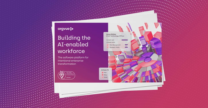 Stacked Orgvue brochure cover titled “Building the AI-enabled workforce.” The cover promotes Orgvue as a software platform for intentional enterprise transformation. A purple gradient panel sits alongside a 3D visualization of interconnected organizational structures in purple, pink, and gray, with example workforce insights overlaid, including role fit, critical skills, and leadership profile indicators. The BSI ISO/IEC 42001 Artificial Intelligence Management System certification mark appears in the lower-left corner.
