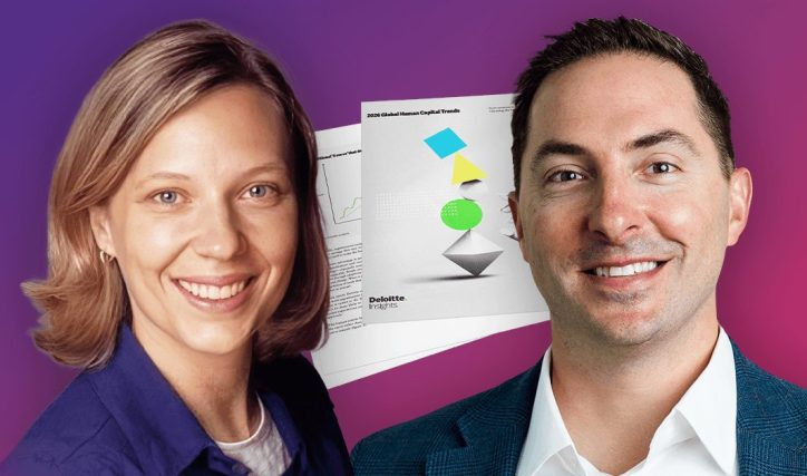Promotional webinar graphic for Orgvue featuring headshots of Sue Cantrell (left) and Mike Bobek (right) above a purple-to-pink gradient banner. The graphic includes an image of Deloitte's 2026 Global Human Capital Trends report.