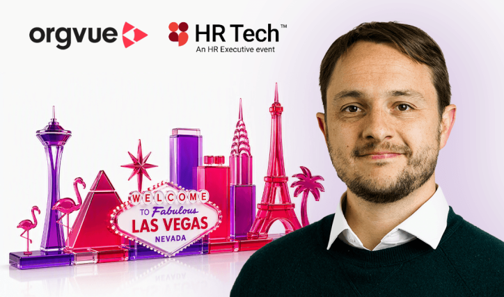Promotional graphic featuring Orgvue and HR Tech event logos above a stylized Las Vegas skyline made from translucent pink and purple geometric structures, including the Welcome to Fabulous Las Vegas Nevada sign, the Eiffel Tower replica, the Stratosphere Tower, palm trees, and flamingos. On the right is a head-and-shoulders portrait of Orgvue's Willem Potgeiter.