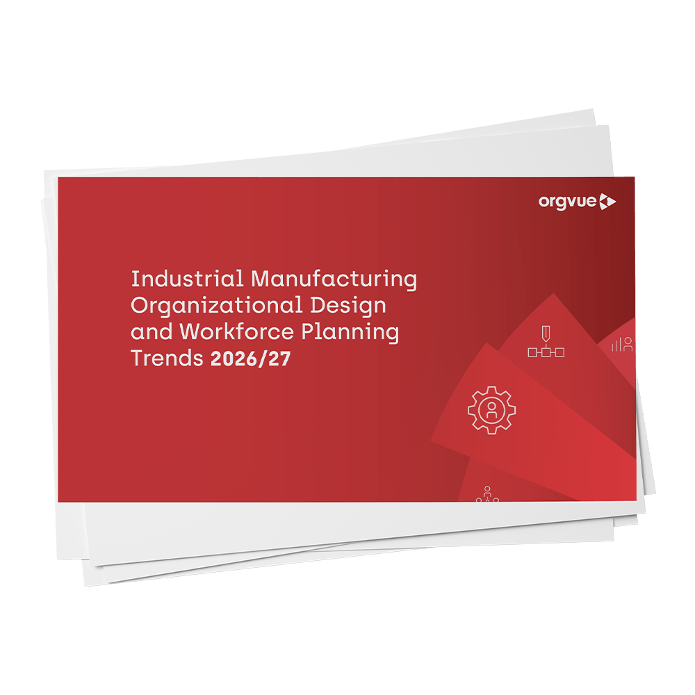 Cover image of an Orgvue report titled “Industrial Manufacturing Organizational Design and Workforce Planning Trends 2026/27.” The report cover features a red gradient background with white text, the Orgvue logo in the top-right corner, and abstract geometric shapes containing workforce planning and organizational design icons. Stacked document pages appear behind the report, suggesting a published research report or industry trends guide.