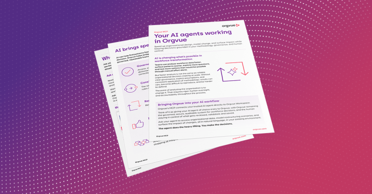 Stacked Orgvue data sheet preview featuring the headline “Your AI agents working in Orgvue.” The document explains how Orgvue's Model Context Protocol (MCP) connects AI agents to workforce data while maintaining governance, decision oversight, and auditability. Purple and red line illustrations accompany the content on a white background.