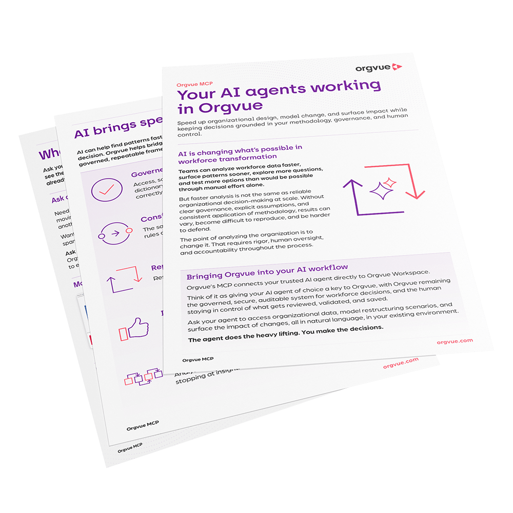 Stacked Orgvue data sheet preview featuring the headline “Your AI agents working in Orgvue.” The document explains how Orgvue's Model Context Protocol (MCP) connects AI agents to workforce data while maintaining governance, decision oversight, and auditability. Purple and red line illustrations accompany the content on a white background.