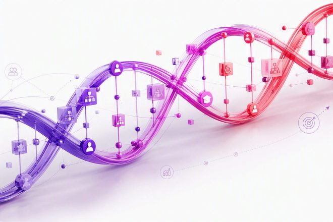Abstract visualization of organizational development and design, featuring a flowing double-helix structure formed from interconnected purple and red translucent pathways. Organizational icons representing people, capabilities, leadership, structure, learning, and processes are embedded throughout the network, illustrating how workforce, skills, and organizational systems connect to support business performance and transformation.