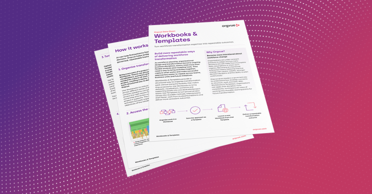 Stacked Orgvue data sheet preview titled “Workbooks & Templates.” The document describes how organizations can standardize and repeat workforce transformation activities using reusable templates and workbooks. A visual workflow with purple and red icons illustrates the process from organizing work to delivering repeatable transformation outcomes.