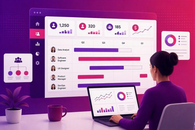 Illustrated workforce planning software dashboard displayed across multiple screens, showing workforce capacity, role allocation, organizational structure, staffing metrics, and business performance analytics. The scene uses Orgvue-inspired purple and magenta gradients, with visualizations including timelines, charts, headcount indicators, and planning dashboards against a branded background.