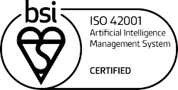 BSI ISO 42001 Artificial Intelligence Management System Certified badge, indicating certification against the international standard for AI management systems.