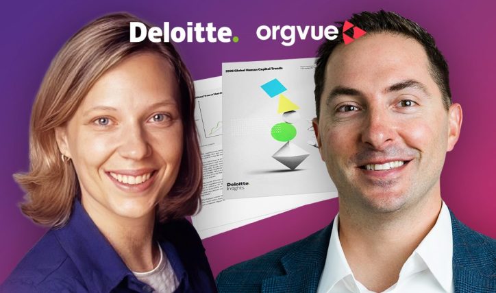 Promotional webinar graphic for Orgvue featuring headshots of Sue Cantrell (left) and Mike Bobek (right) above a purple-to-pink gradient banner. The graphic includes an image of Deloitte's 2026 Global Human Capital Trends report.