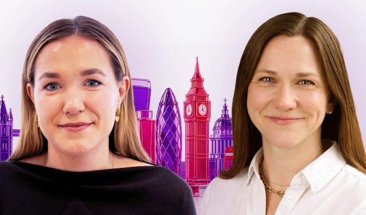 Promotional graphic for Gartner HR Symposium/Xpo featuring Orgvue Consulting Manager Meadhbh Buckley on the left and Orgvue Chief Product Officer Jessica Modrall on the right, with a stylized London skyline in purple and pink behind them.
