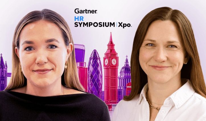 Promotional graphic for Gartner HR Symposium/Xpo featuring Orgvue Consulting Manager Meadhbh Buckley on the left and Orgvue Chief Product Officer Jessica Modrall on the right, with a stylized London skyline in purple and pink behind them.