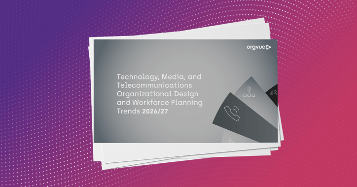 Cover image of an Orgvue report titled “Technology, Media, and Telecommunications Organizational Design and Workforce Planning Trends 2026/27.” The report cover features a grey gradient background with abstract geometric shapes and workforce-related icons, including organizational structure and telecommunications symbols, with the Orgvue logo in the top-right corner.