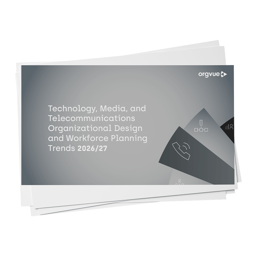 Cover image of an Orgvue report titled “Technology, Media, and Telecommunications Organizational Design and Workforce Planning Trends 2026/27.” The report cover features a grey gradient background with abstract geometric shapes and workforce-related icons, including organizational structure and telecommunications symbols, with the Orgvue logo in the top-right corner.