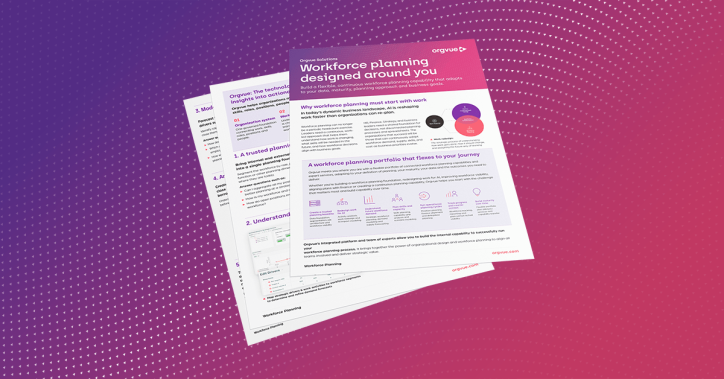 Orgvue workforce planning solution brief displayed as overlapping document pages on a purple-to-coral gradient background, highlighting workforce planning capabilities and organizational design insights.