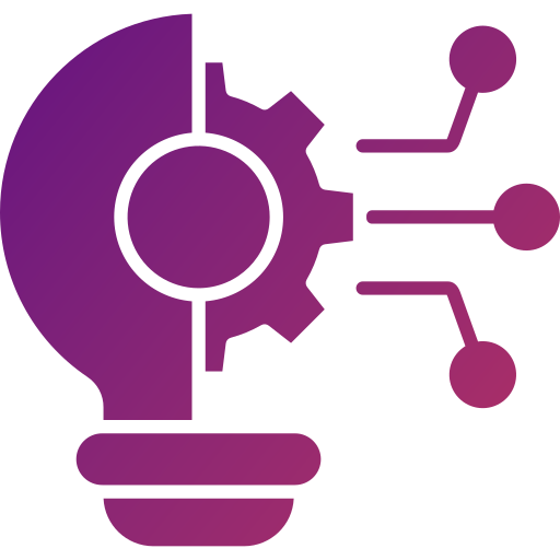 Stylized innovation icon featuring a lightbulb combined with a gear and connected network nodes, representing AI, technology, digital transformation, automation, and intelligent workforce planning.