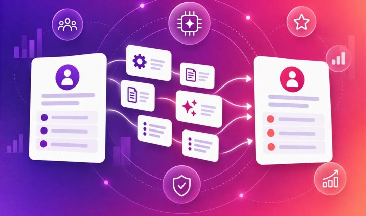 Abstract illustration of job redesign with AI. A role card on the left breaks into activity tiles that are automated, augmented and reassembled into a redesigned role on the right. Icons for people, AI, accountability, skills and workforce planning sit around it on an Orgvue purple-to-coral gradient.