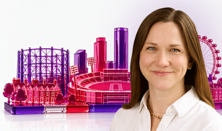 Jessica Modrall in front of a background of a stylized version of a London skyline featuring The Kia Oval.