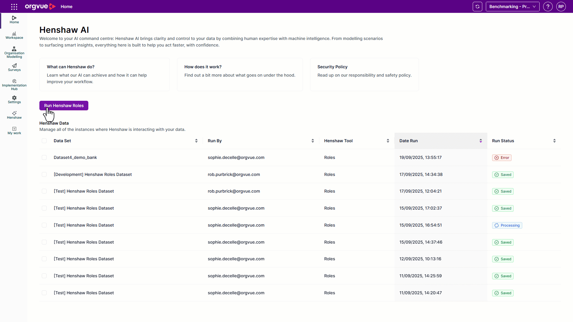 Animated Orgvue Henshaw Roles Workspace showing role clusters arranged by business function, with positions that can be moved between clusters or used to split clusters.