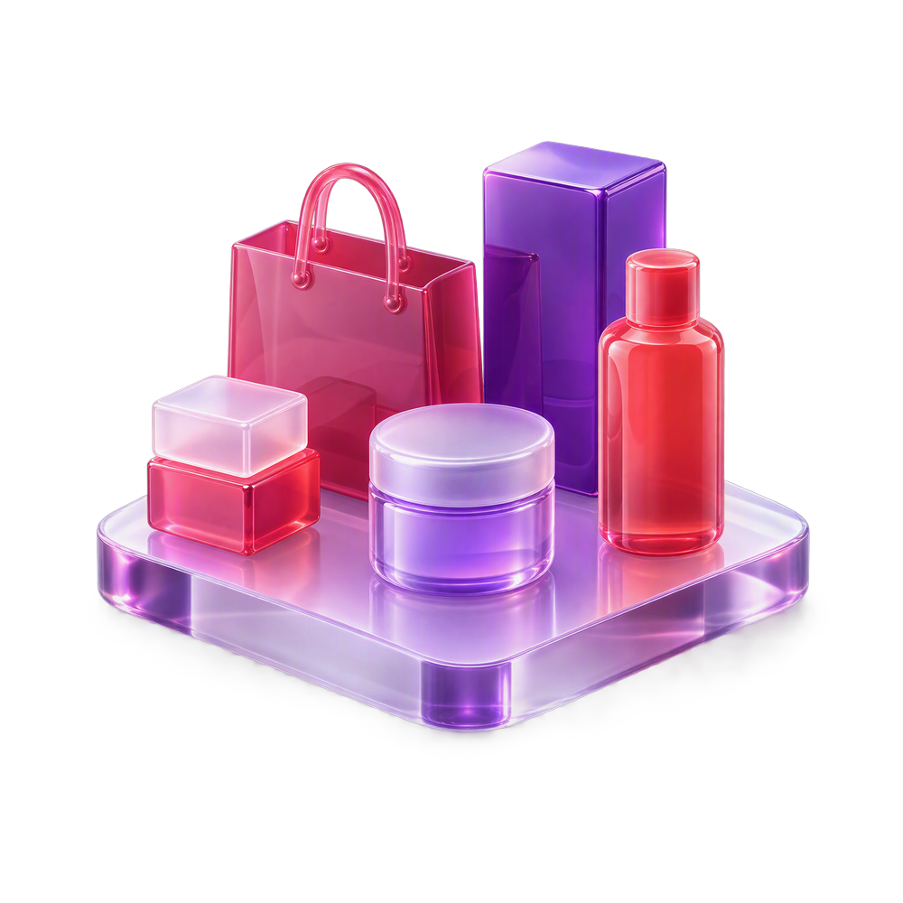 Translucent purple and pink 3D shopping bag, product box, bottle, jar and stacked packs on a glass platform