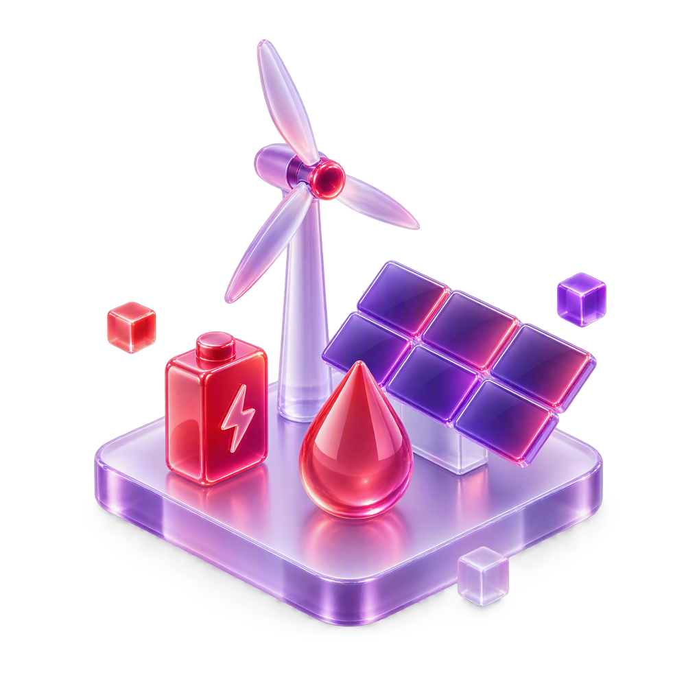 Translucent 3D wind turbine, solar panels, energy droplet and battery on a glass platform in purple and pink