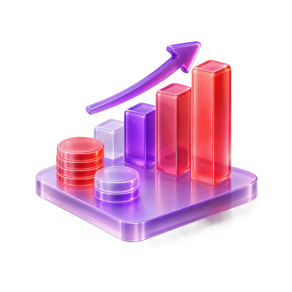 Translucent 3D bar chart rising under an upward arrow, with stacked coins, on a glass platform in purple and red
