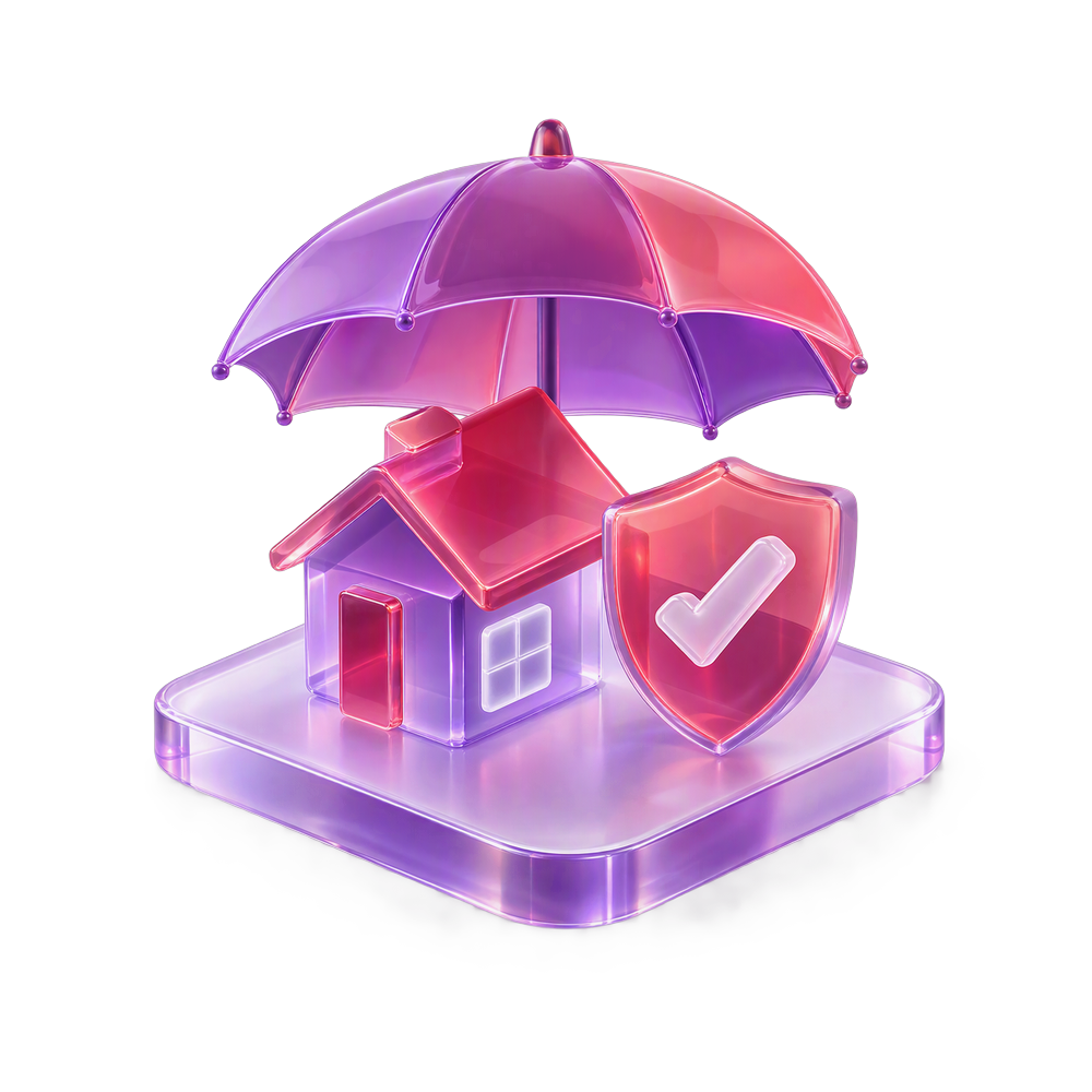 Translucent 3D house sheltered by an umbrella, beside a shield with a check mark, on a glass platform