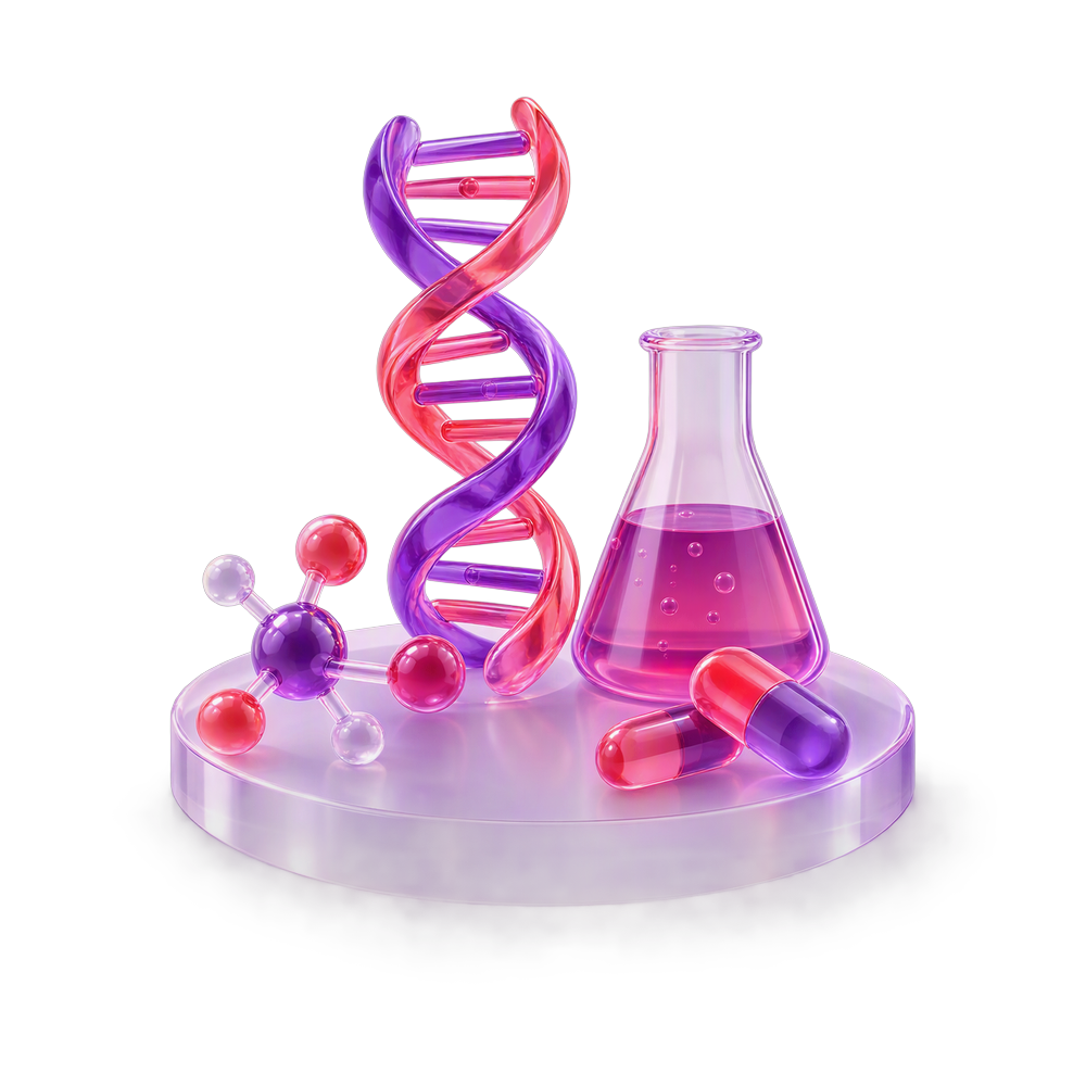 Translucent 3D DNA double helix, laboratory flask, molecule model and capsules on a round glass platform