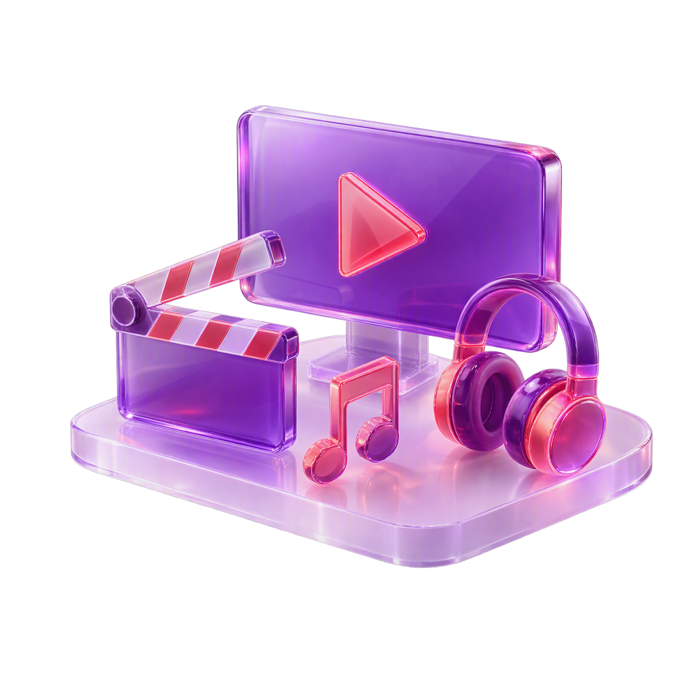 Translucent 3D screen with a play button, clapperboard, music note and headphones on a glass platform