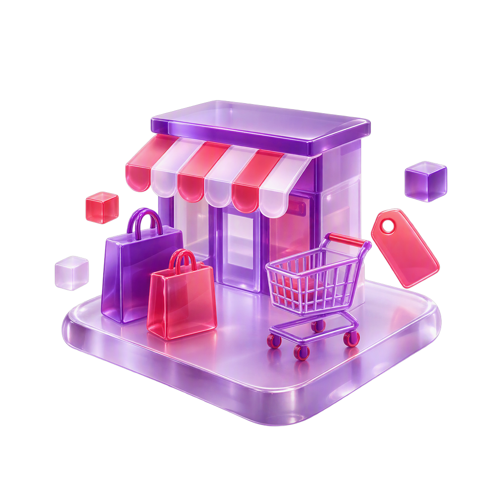 Translucent 3D shopfront with a striped awning, shopping bags, shopping cart and price tag on a glass platform