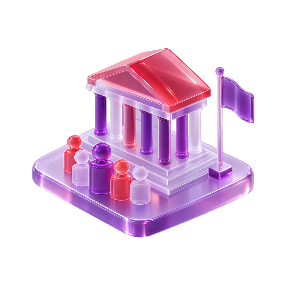 Translucent 3D civic building with columns, a flag and a group of people figures on a glass platform