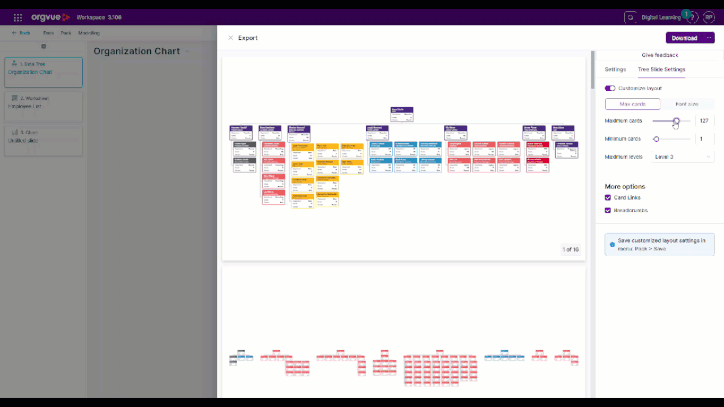 Animated Orgvue organization chart export showing the preview pause while customized layout settings are adjusted, then refresh automatically to display the updated slide layout.