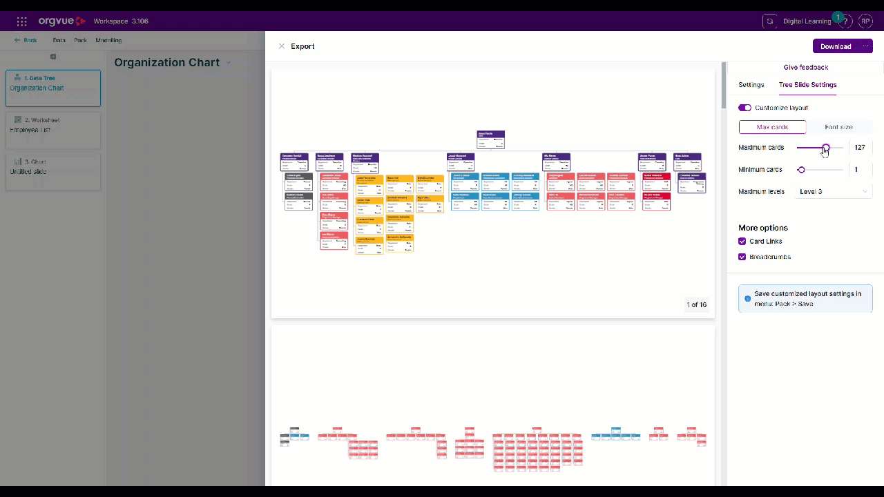 Animated Orgvue organization chart export showing the preview pause while customized layout settings are adjusted, then refresh automatically to display the updated slide layout.