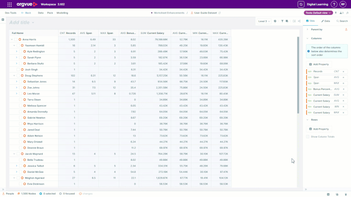 Animated Orgvue worksheet showing grouped employee data as multiple row properties are added. The worksheet’s group label column updates automatically to reflect the selected property display names.