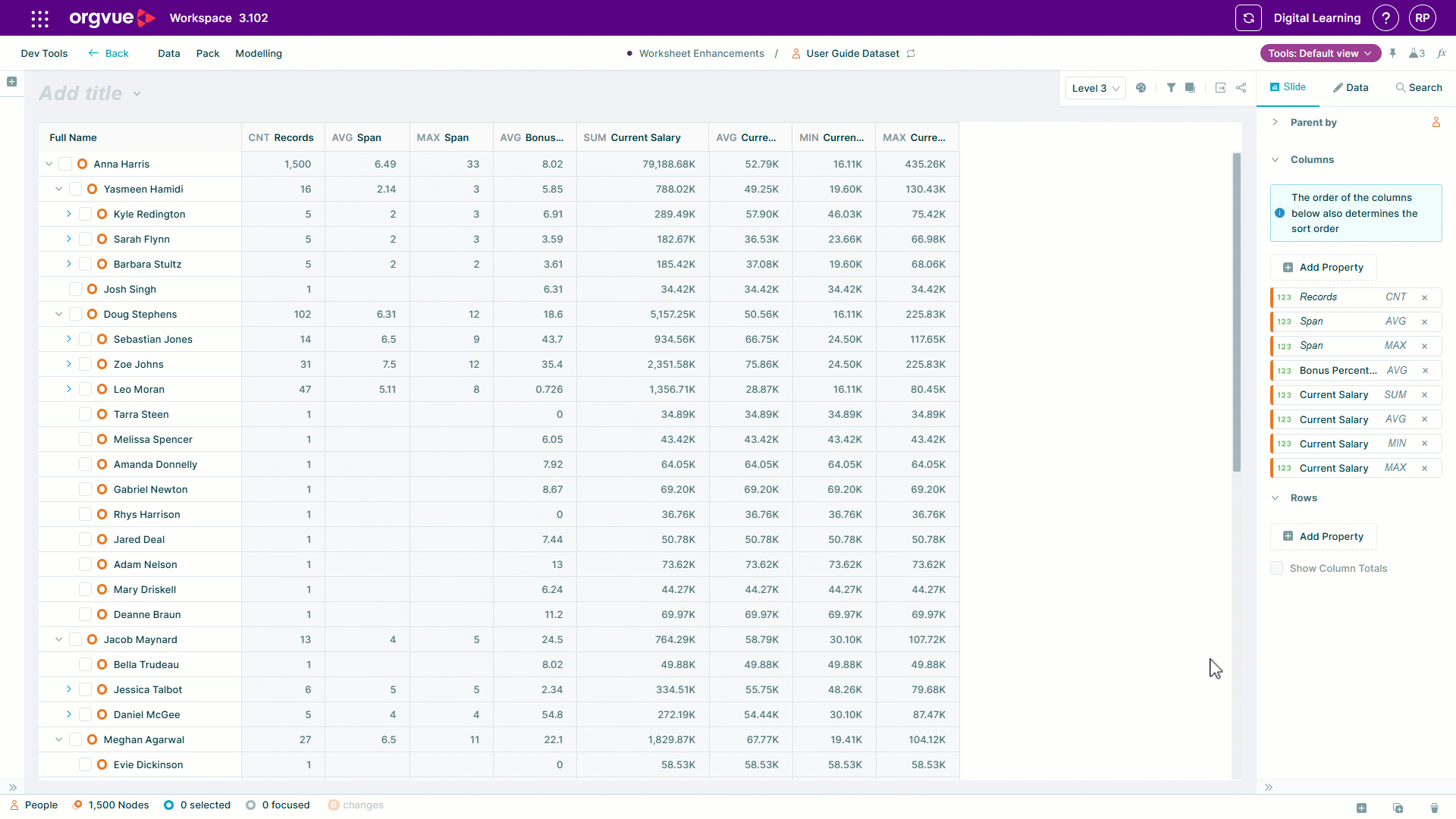 Animated Orgvue worksheet showing grouped employee data as multiple row properties are added. The worksheet’s group label column updates automatically to reflect the selected property display names.
