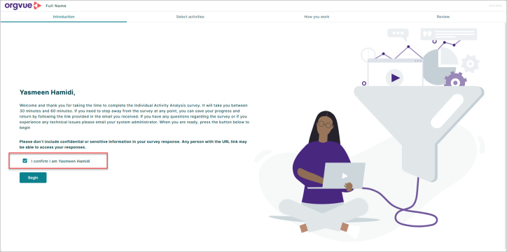 Screenshot of an Orgvue Activity Survey welcome page personalized with the participant’s full name, including a confirmation checkbox and button to begin the survey.